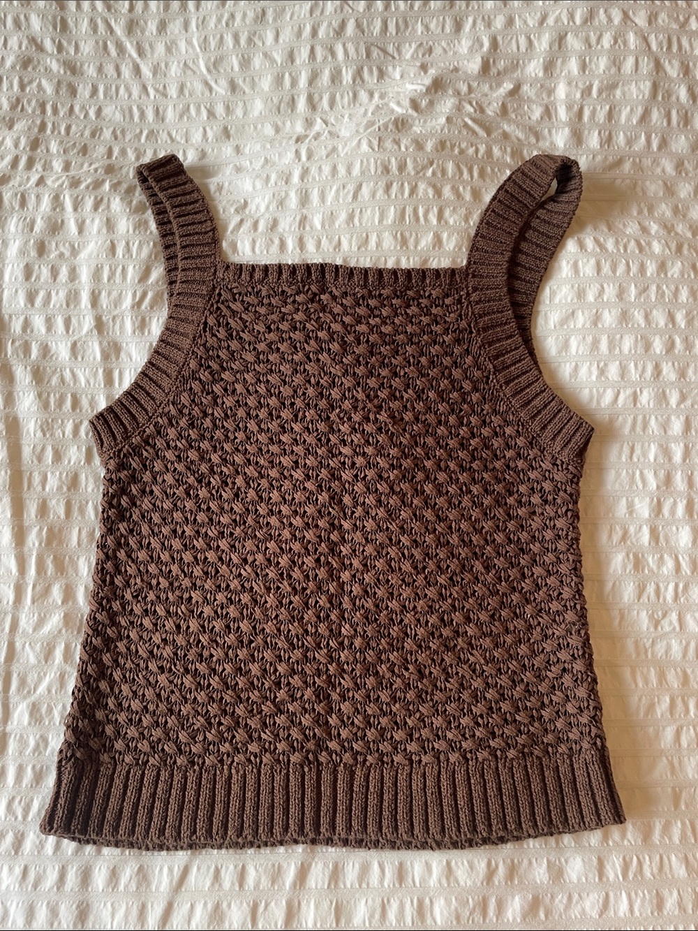 Brown Cotton Knit Sweater Tank Top — Women’s Textured Sleeveless Sweater